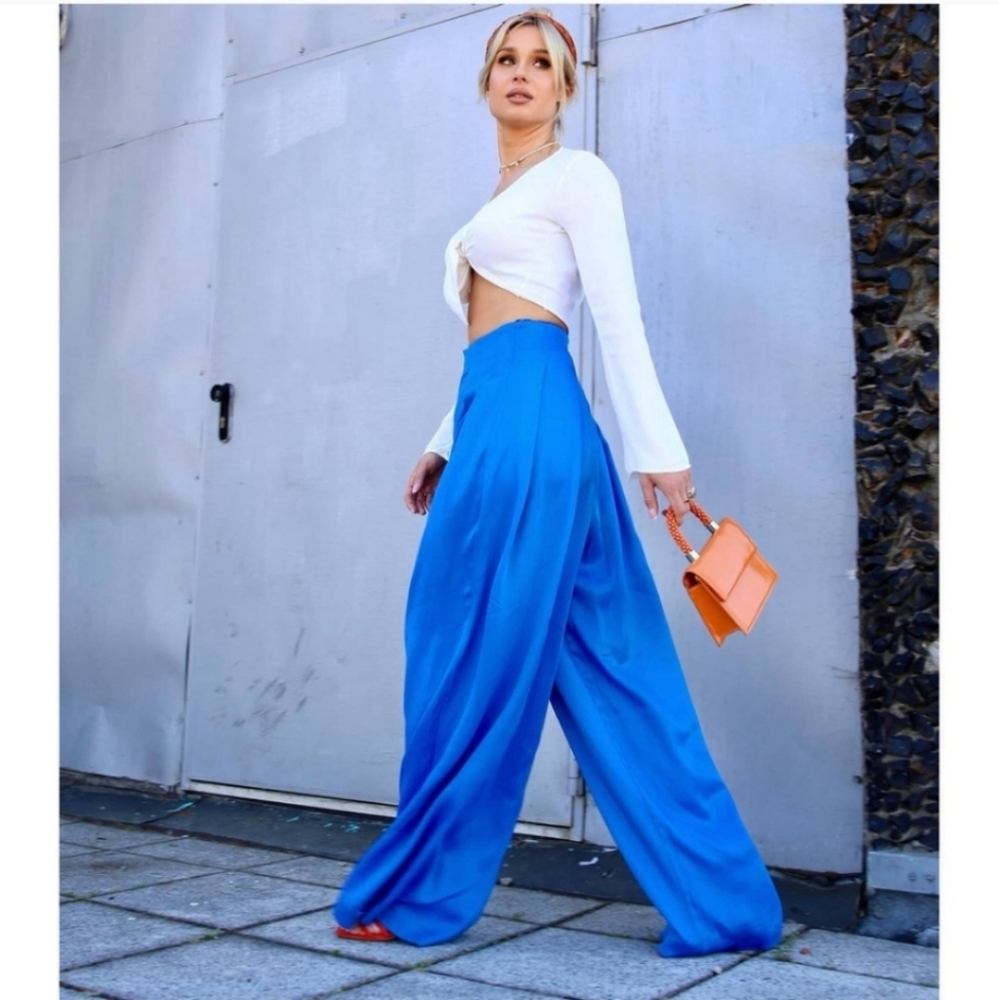 Zara Satin Effect Wide Pants Trousers Blue - Picture 9 of 13